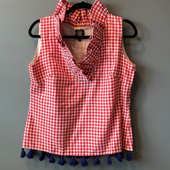 elizabeth wilson Tops - Elizabeth Wilson ruffle neck top with tassels.  Size medium.